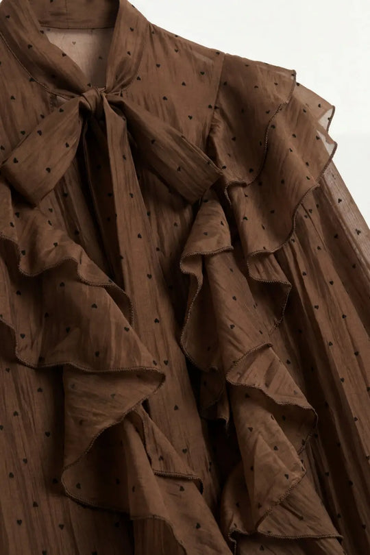 Brown Ruffled Polka Dot Sheer Blouse with Tie Neck - Shirts