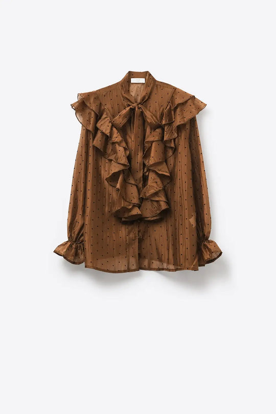 Brown Ruffled Polka Dot Sheer Blouse with Tie Neck - Shirts