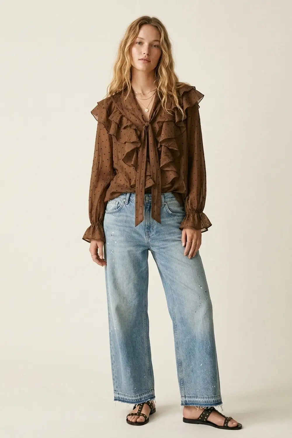 Brown Ruffled Polka Dot Sheer Blouse with Tie Neck - Shirts