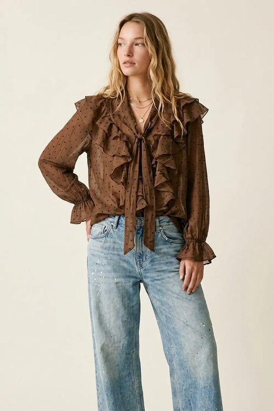 Brown Ruffled Polka Dot Sheer Blouse with Tie Neck - Shirts