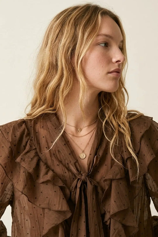 Brown Ruffled Polka Dot Sheer Blouse with Tie Neck - Shirts