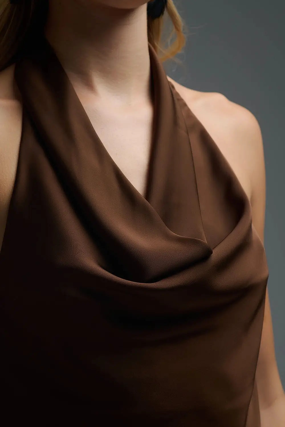 Brown Satin Halter Top with Draped Neckline - Tops