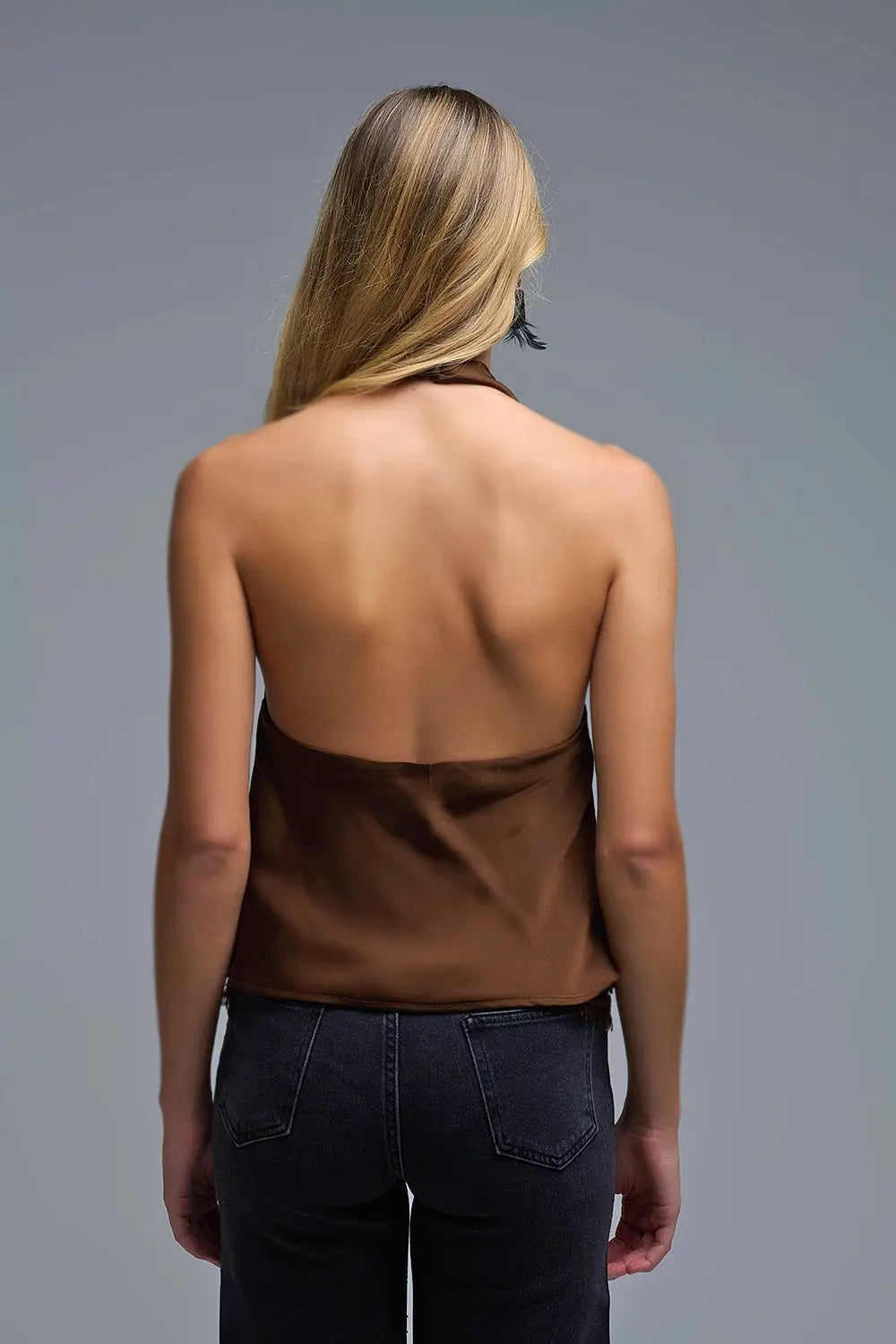 Brown Satin Halter Top with Draped Neckline - Tops