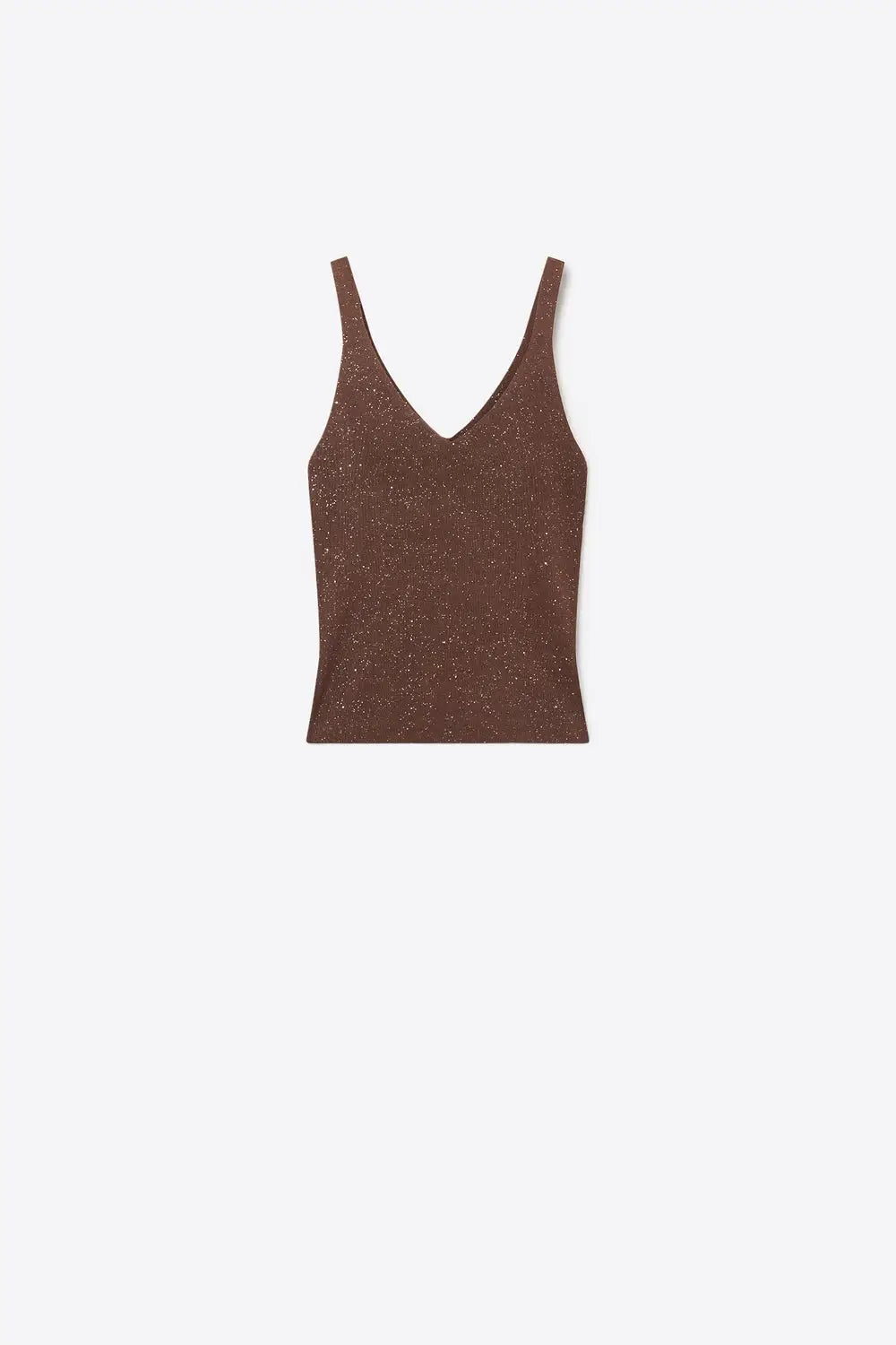 Q2 Brown Shiny Glitter Ribbed Knit V-Neck Fitted Tank Top