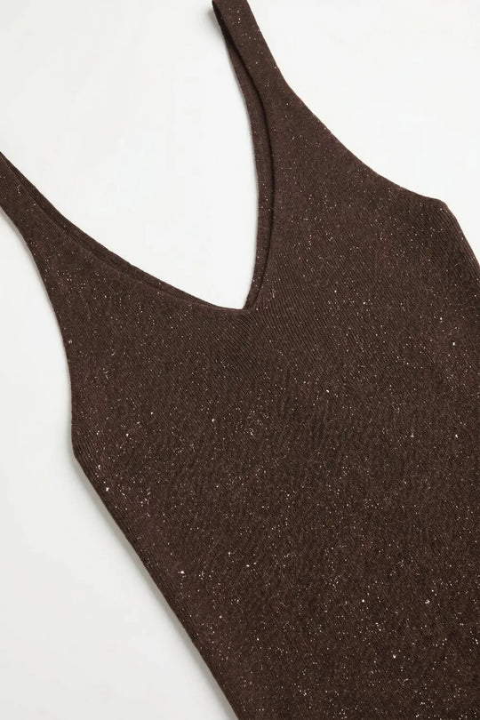 Brown Shiny Glitter Ribbed Knit V-Neck Fitted Tank Top - One Size / Brown