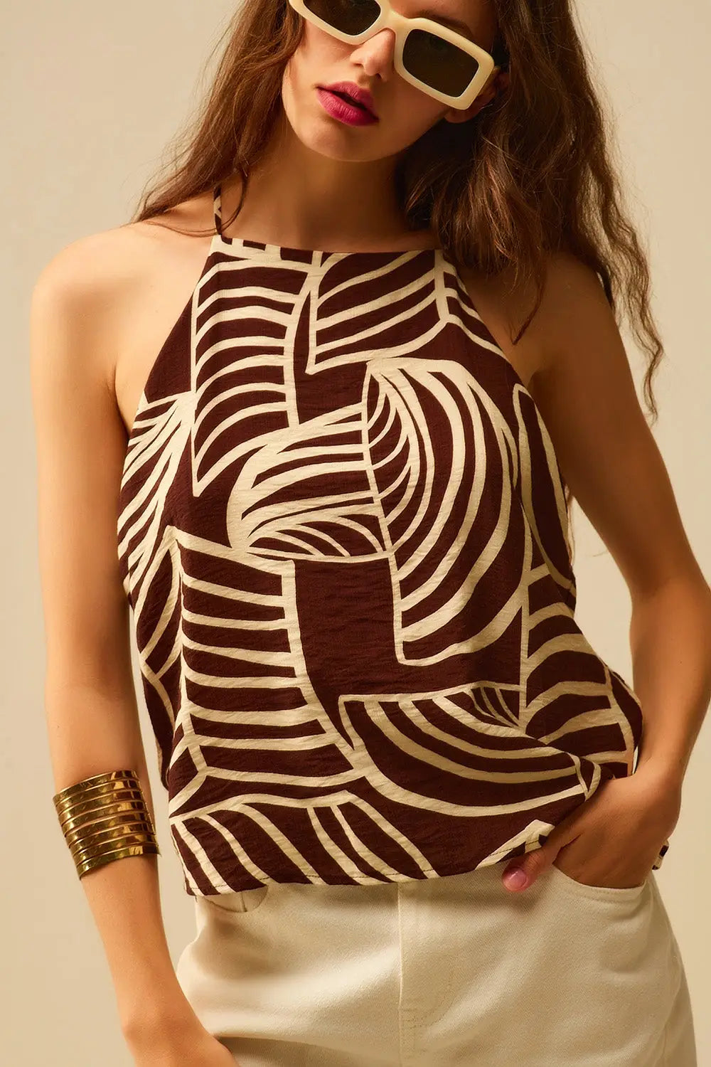 Q2 Brown Sleeveless Halter Top with White Leaf Print