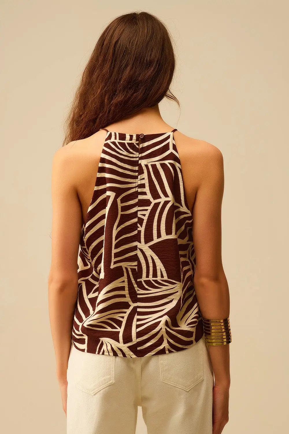 Brown Sleeveless Halter Top with White Leaf Print - Tops