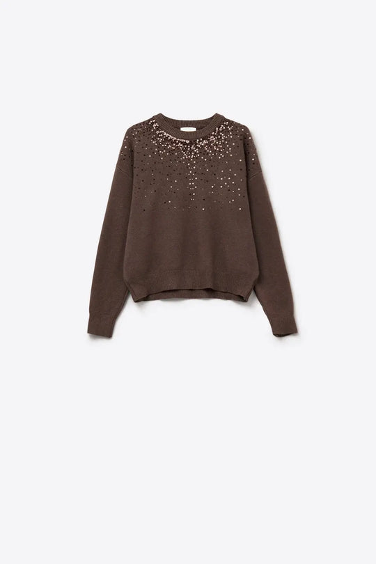 Q2 Brown soft knit sweater embellished with sequins on the front