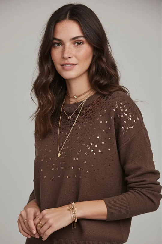 Brown soft knit sweater embellished with sequins on the front - One Size / Brown
