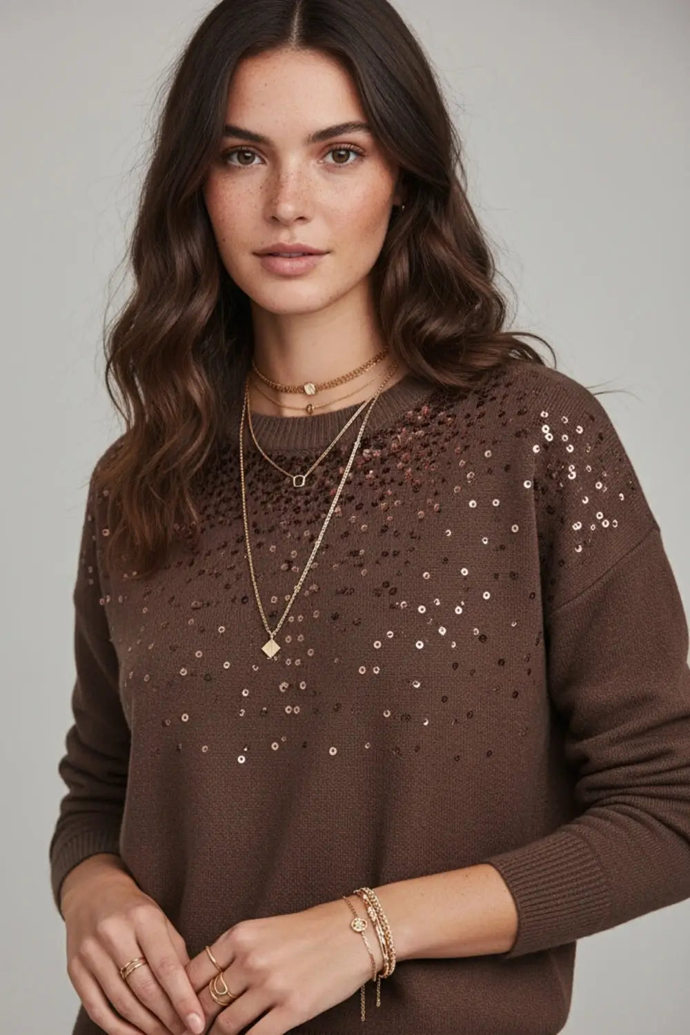 Brown soft knit sweater embellished with sequins on the front - One Size / Brown