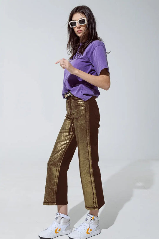 Brown straight leg jeans with gold metallic glow - Jeans