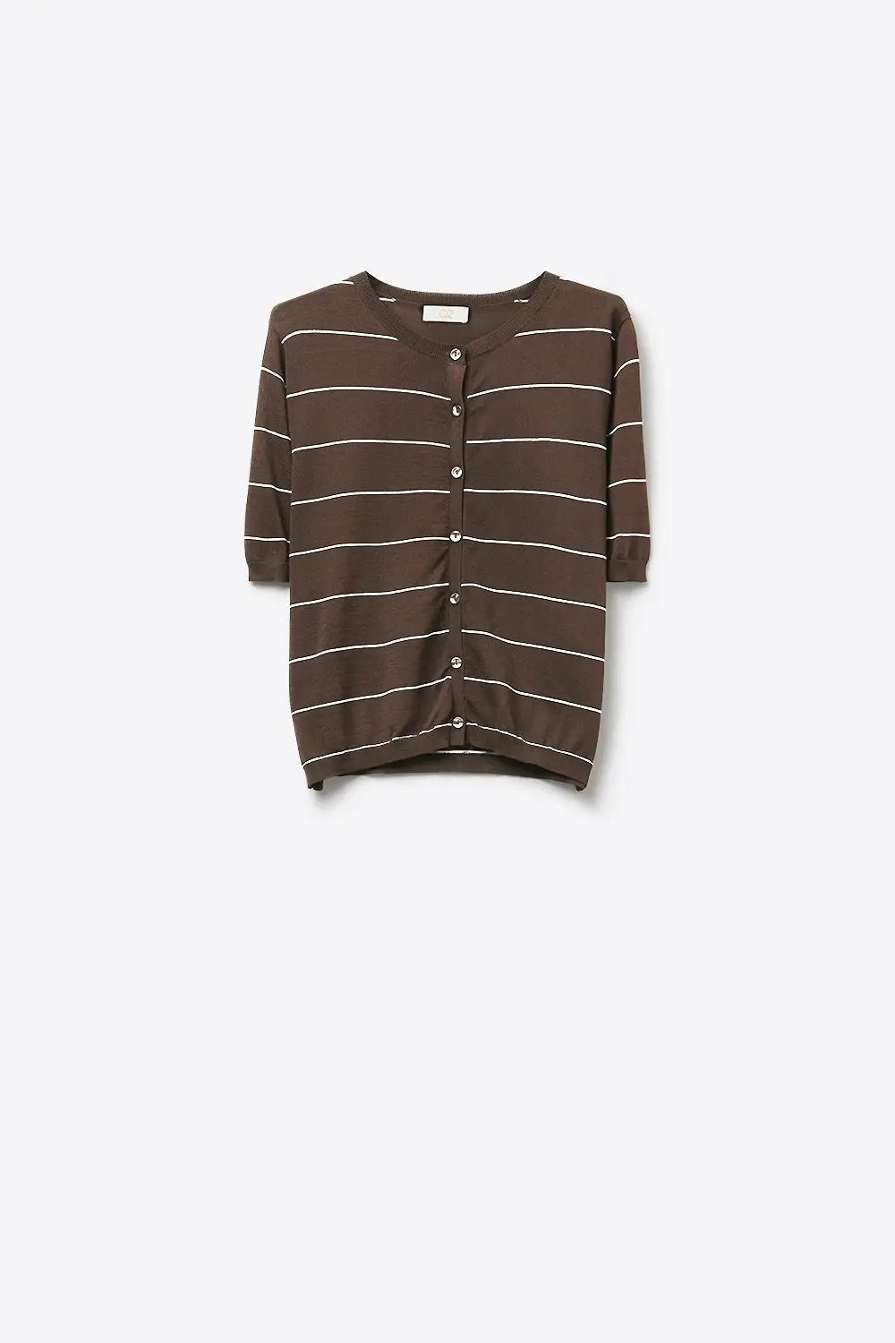 Brown Striped Button-Up Knit Short Sleeve Cardigan - One Size / Brown
