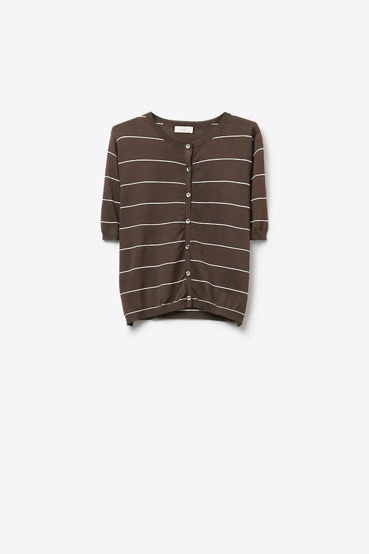 Brown Striped Button-Up Knit Short Sleeve Cardigan - One Size / Brown