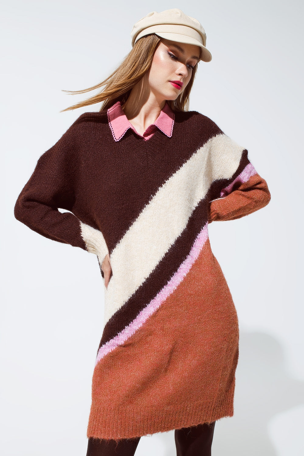 Brown striped oversized chunky knit dress with crew neck