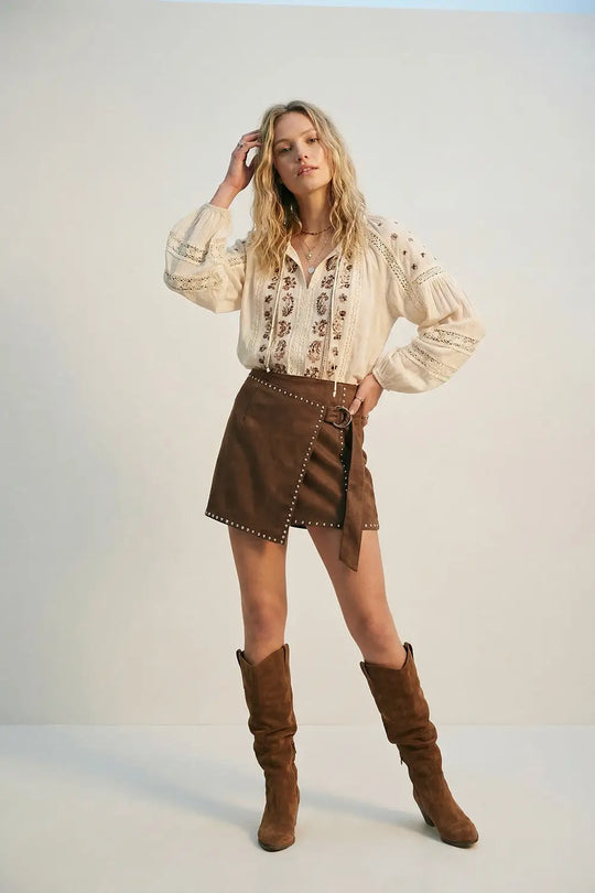 Brown Studded Wrap Mini Skirt with Belt Detail - Skirts