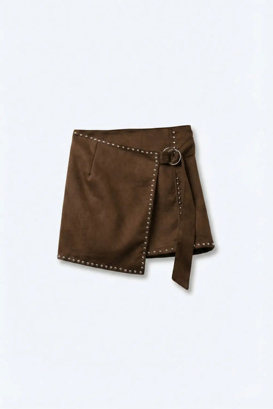 Brown Studded Wrap Mini Skirt with Belt Detail - Skirts