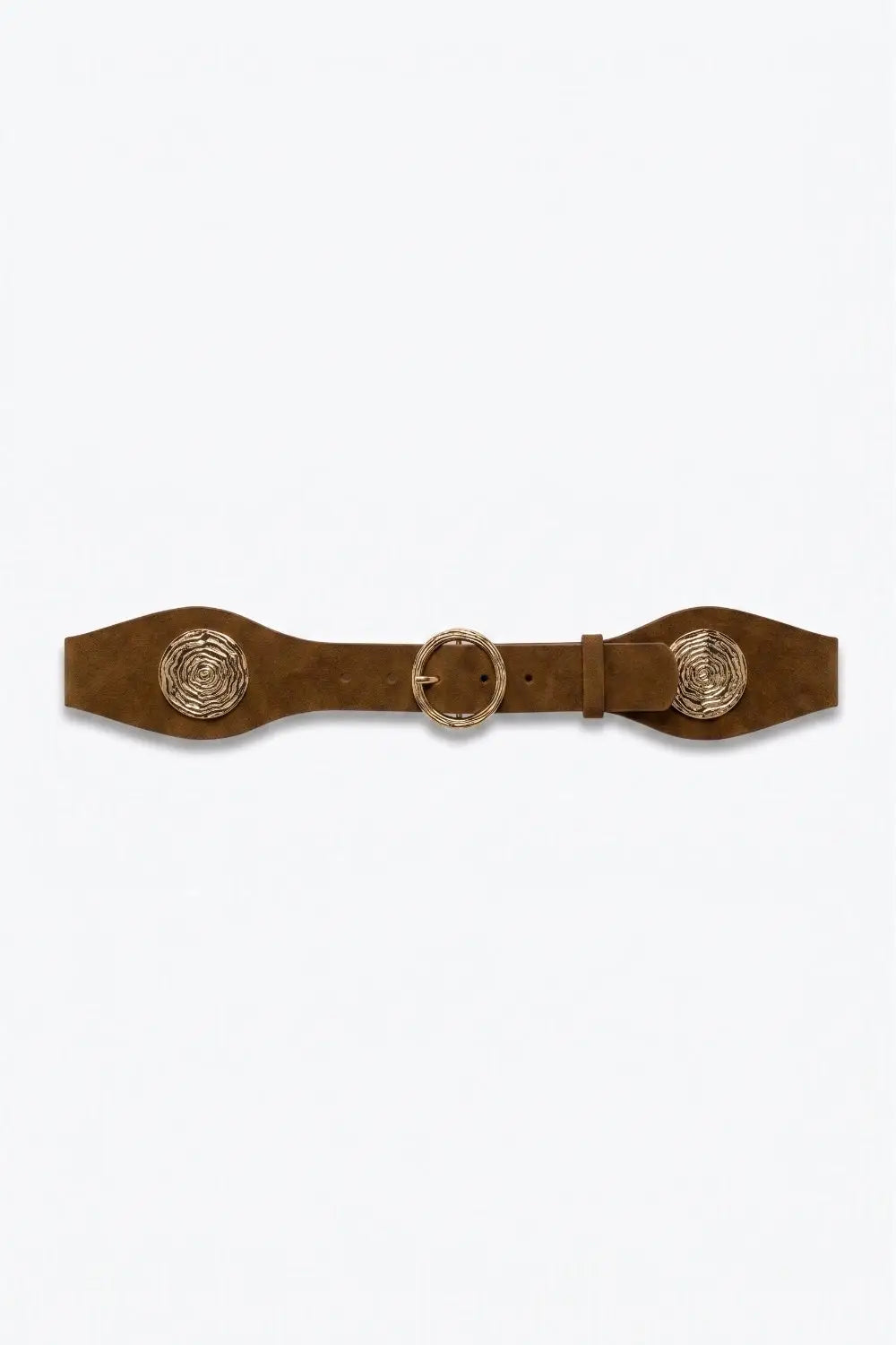 Q2 Brown Suede Gold Swirl Buckle Wide Waist Belt