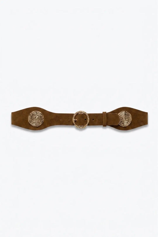 Q2 Brown Suede Gold Swirl Buckle Wide Waist Belt