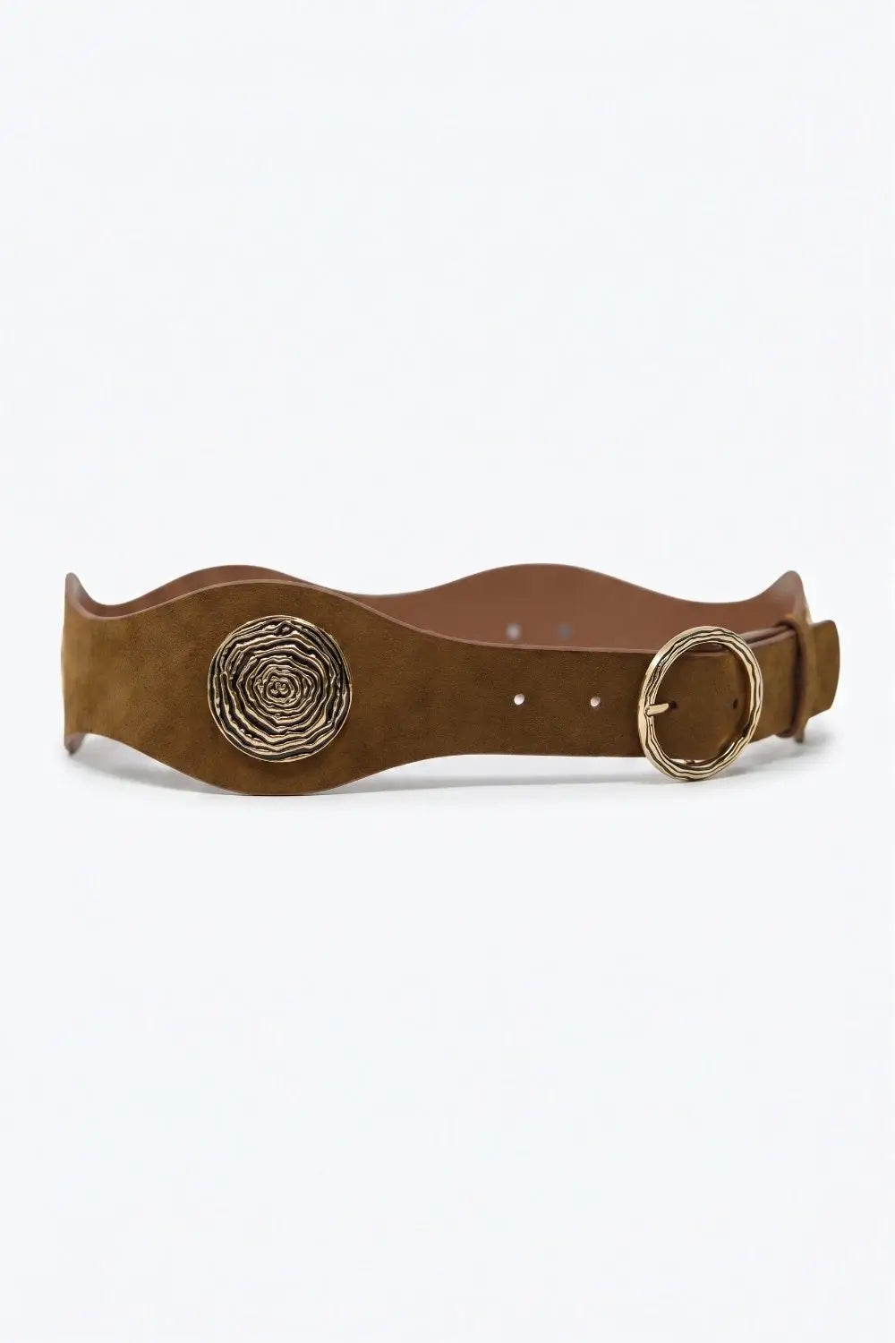 Brown Suede Gold Swirl Buckle Wide Waist Belt - Accesory