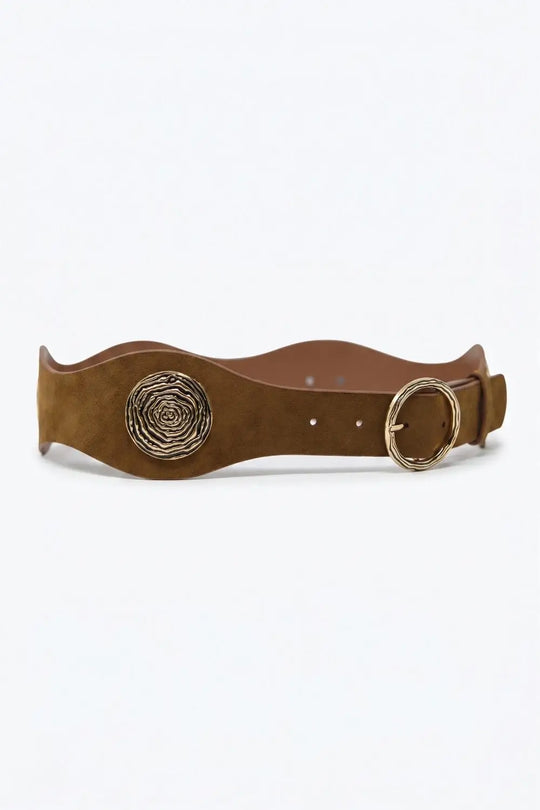 Brown Suede Gold Swirl Buckle Wide Waist Belt - Accesory
