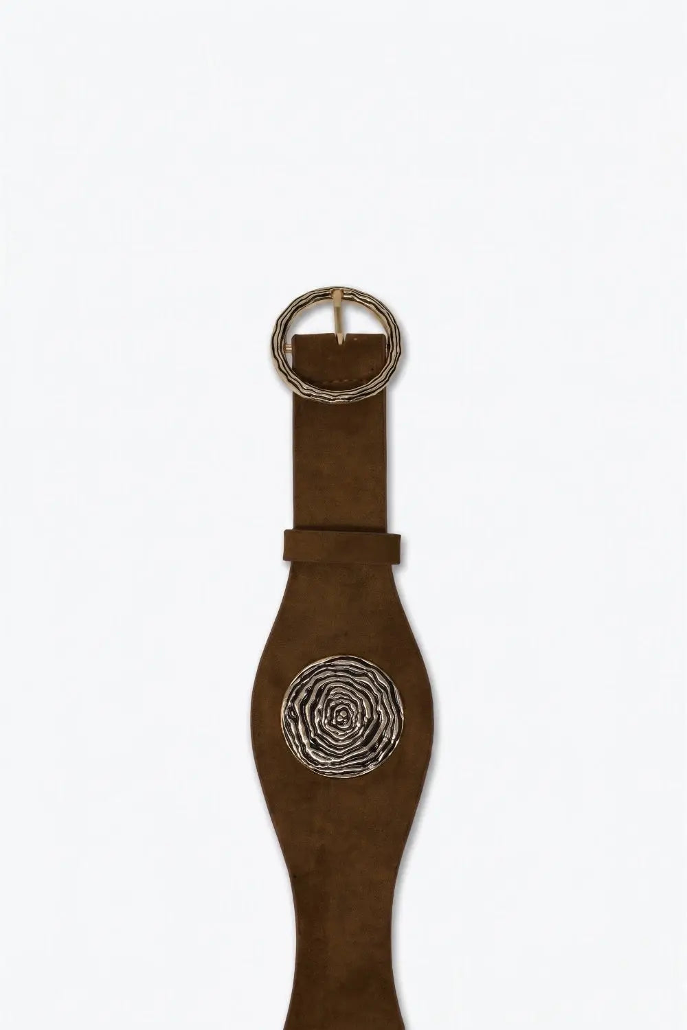 Brown Suede Gold Swirl Buckle Wide Waist Belt - Accesory