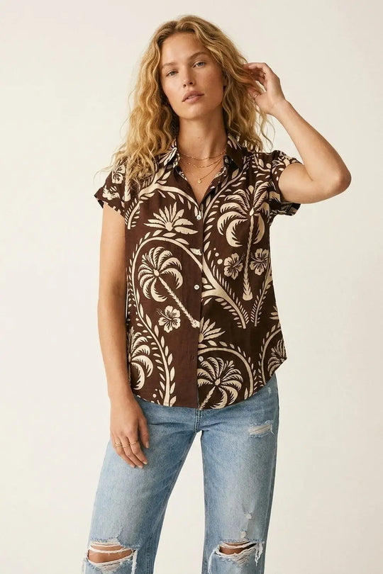Q2 Brown Tropical Print Short Sleeve Button-Up shirt