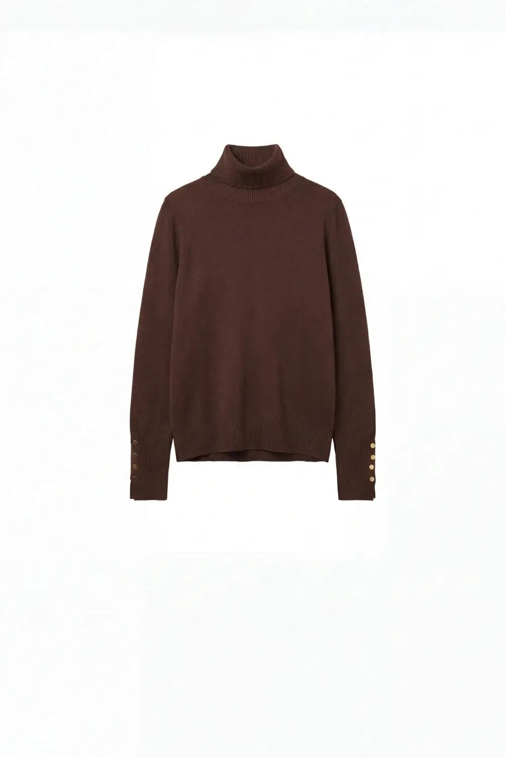 Q2 Brown turtleneck sweater with gold buttons on the cuff