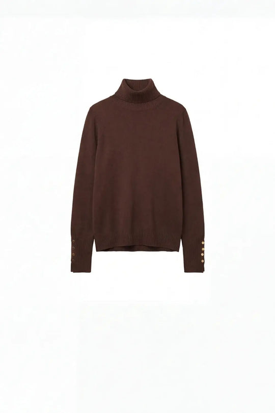 Q2 Brown turtleneck sweater with gold buttons on the cuff