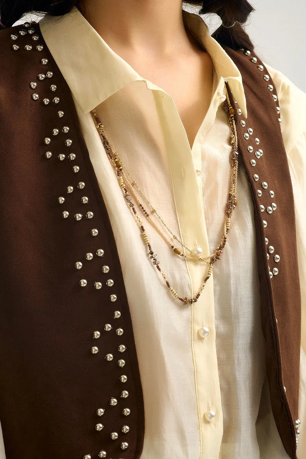 Brown Vest with Metallic Stud Details - Tops