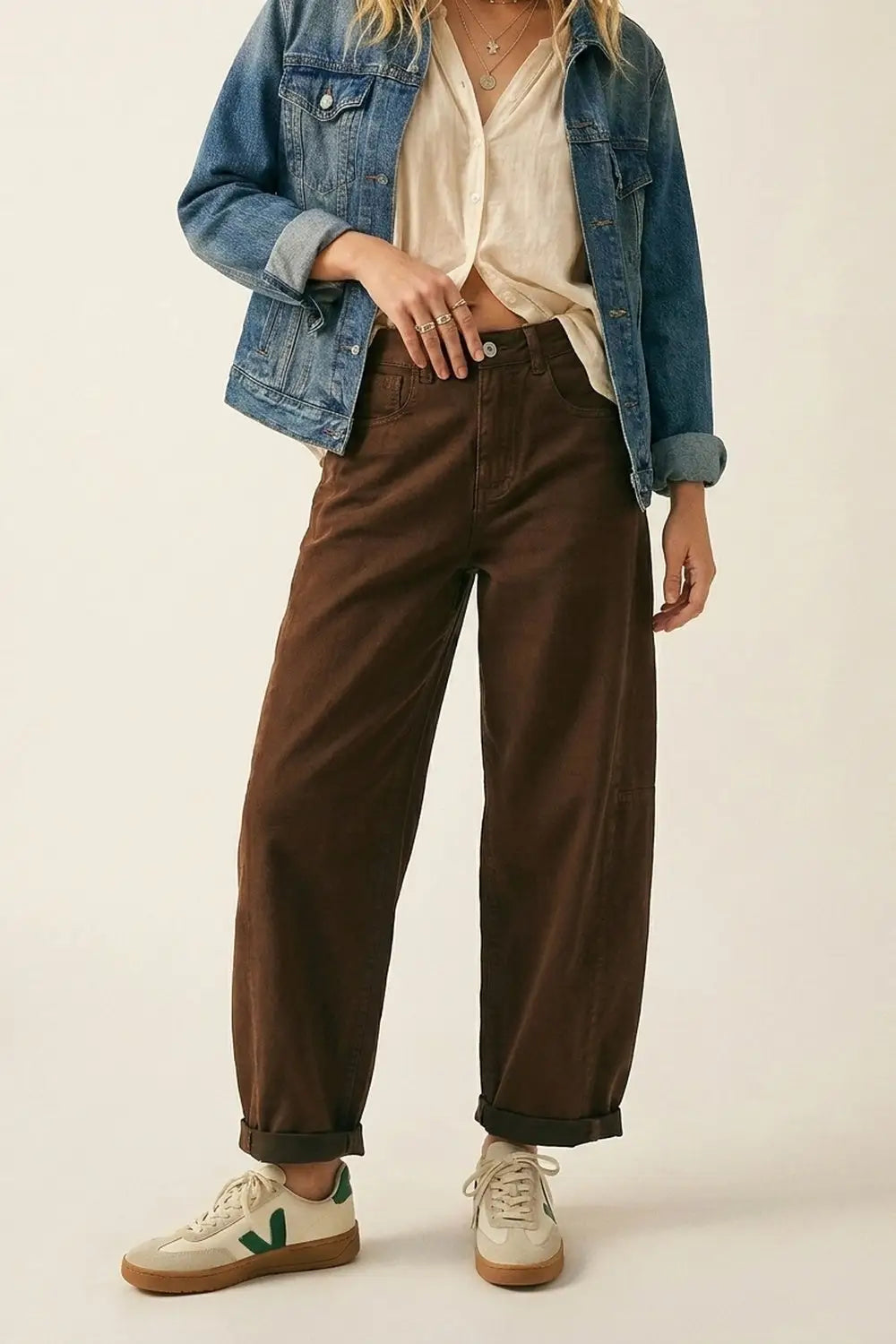 Q2 Brown Wide-Leg Barrel style Pants with Rolled Hems