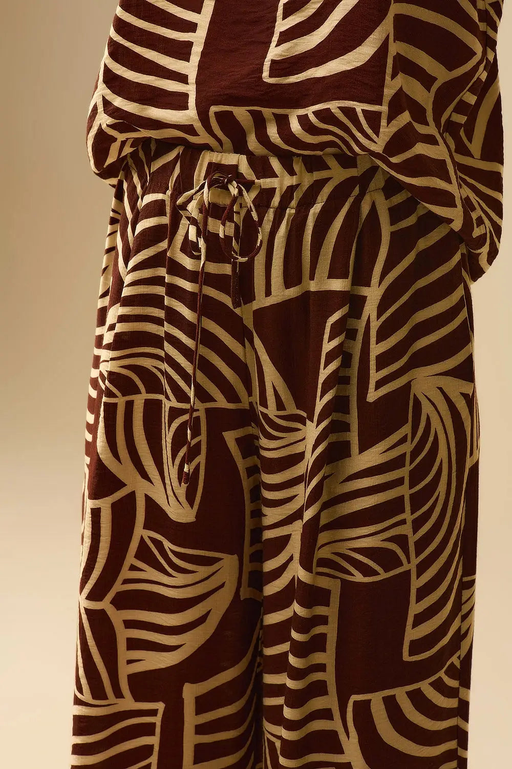 Brown Wide Leg Trousers with White Leaf Print - Pants