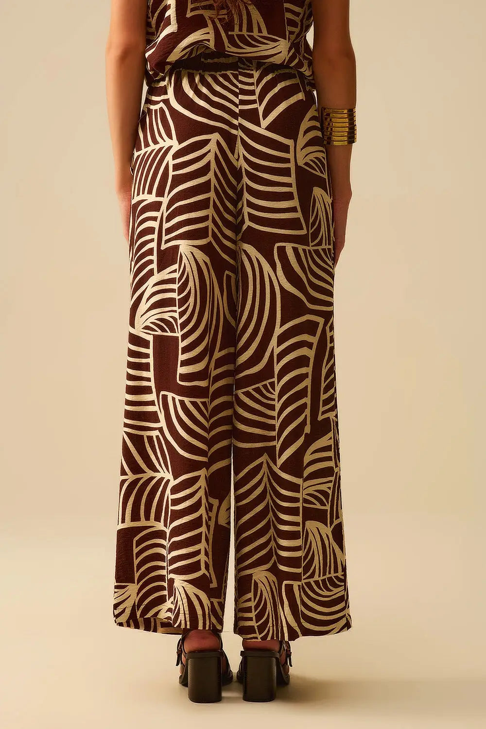 Brown Wide Leg Trousers with White Leaf Print - Pants