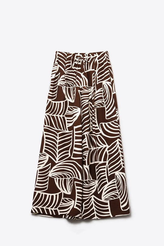 Brown Wide Leg Trousers with White Leaf Print - Pants