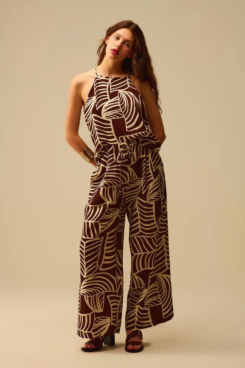 Brown Wide Leg Trousers with White Leaf Print - Pants