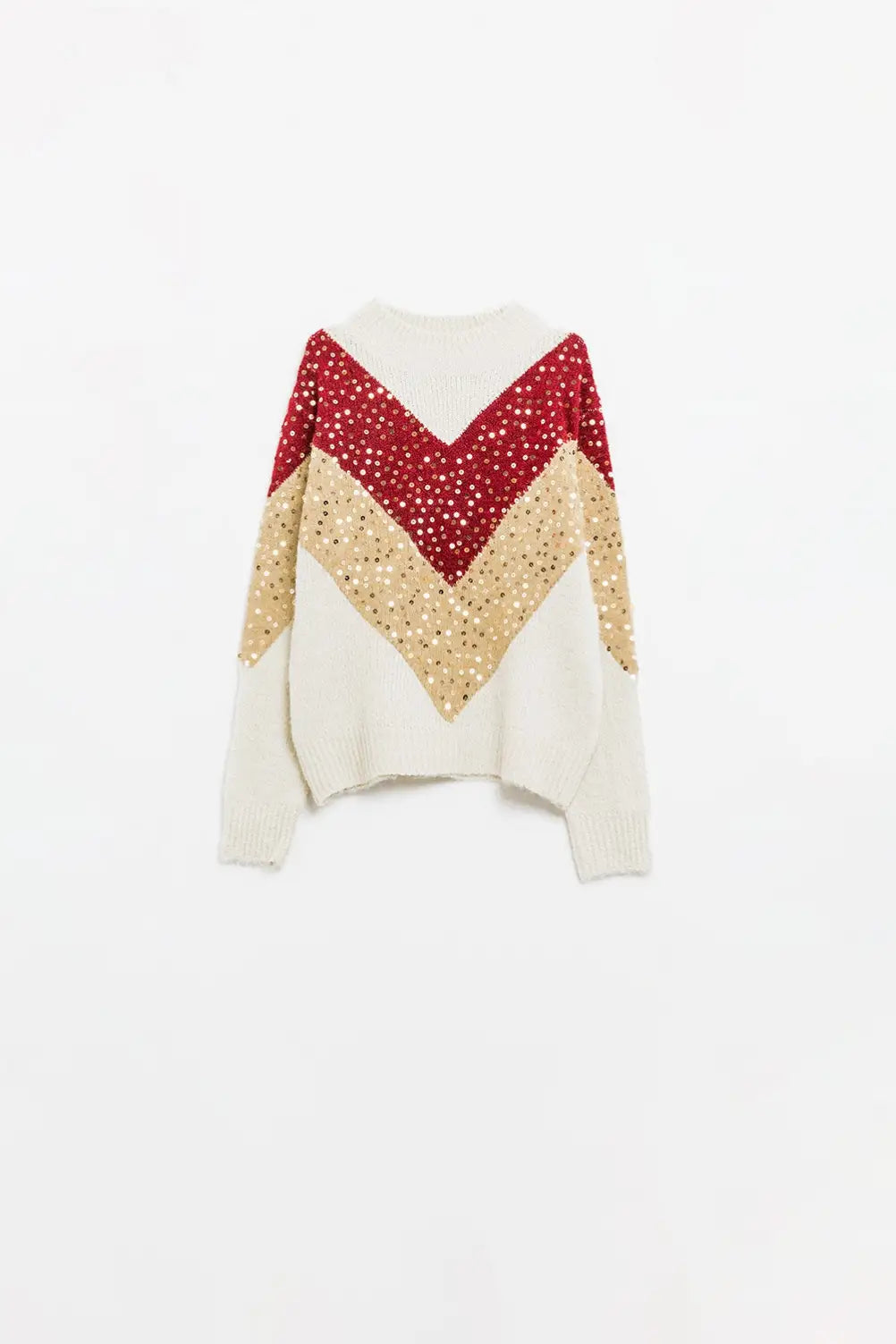 burgundy and beige color block knit sweater with sequin embellishment - One Size / Beige - Sweaters