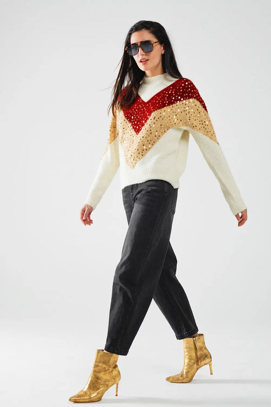burgundy and beige color block knit sweater with sequin embellishment - One Size / Beige - Sweaters