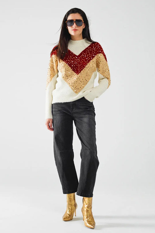 burgundy and beige color block knit sweater with sequin embellishment - One Size / Beige - Sweaters