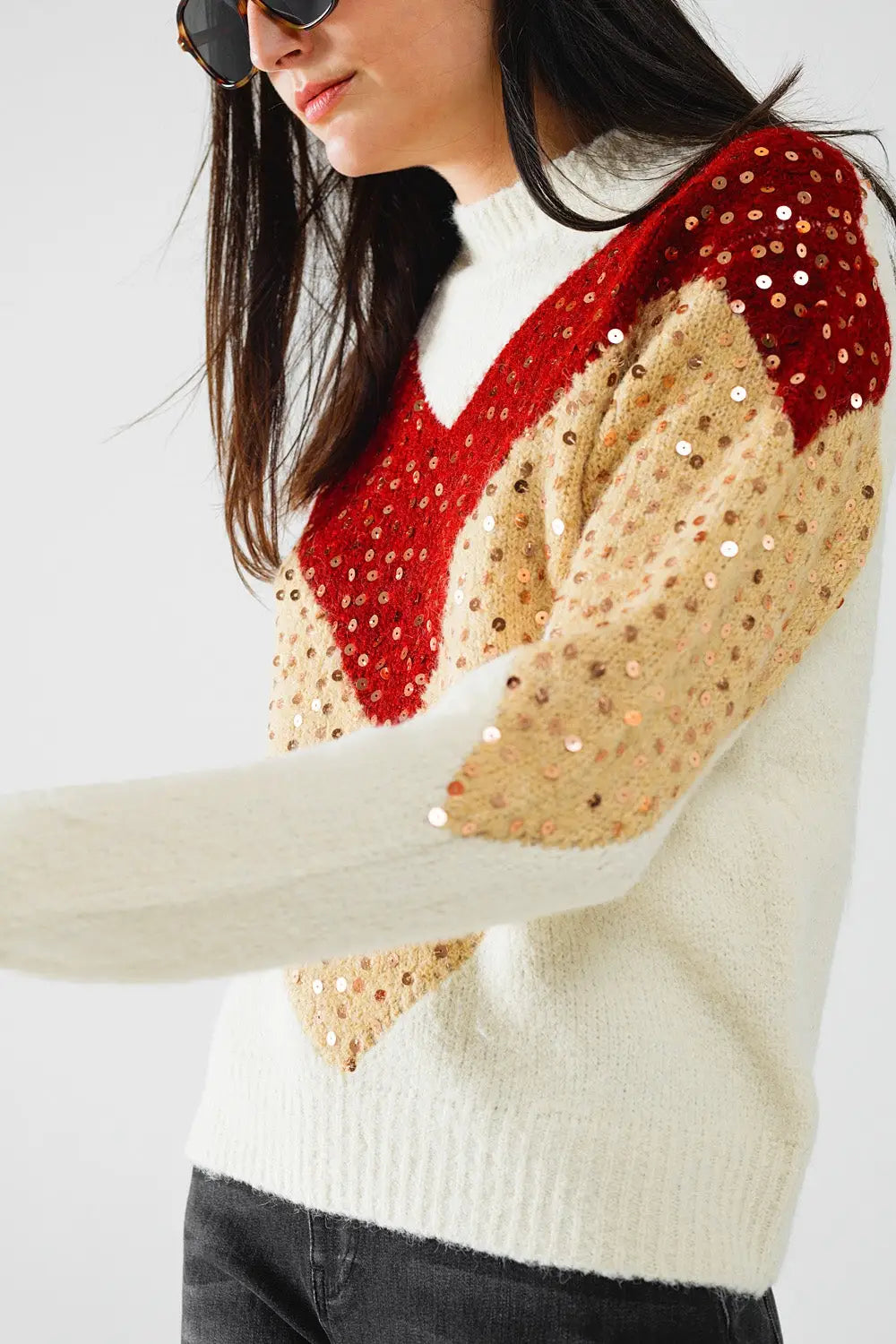 burgundy and beige color block knit sweater with sequin embellishment - One Size / Beige - Sweaters