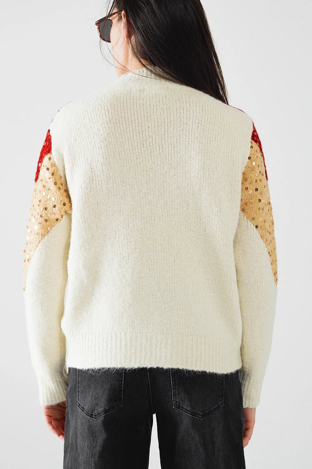 burgundy and beige color block knit sweater with sequin embellishment - One Size / Beige - Sweaters