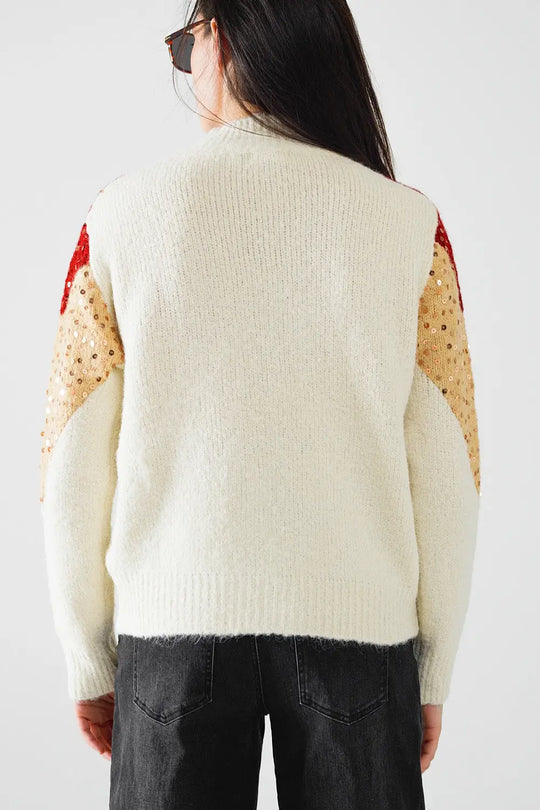 burgundy and beige color block knit sweater with sequin embellishment - One Size / Beige - Sweaters