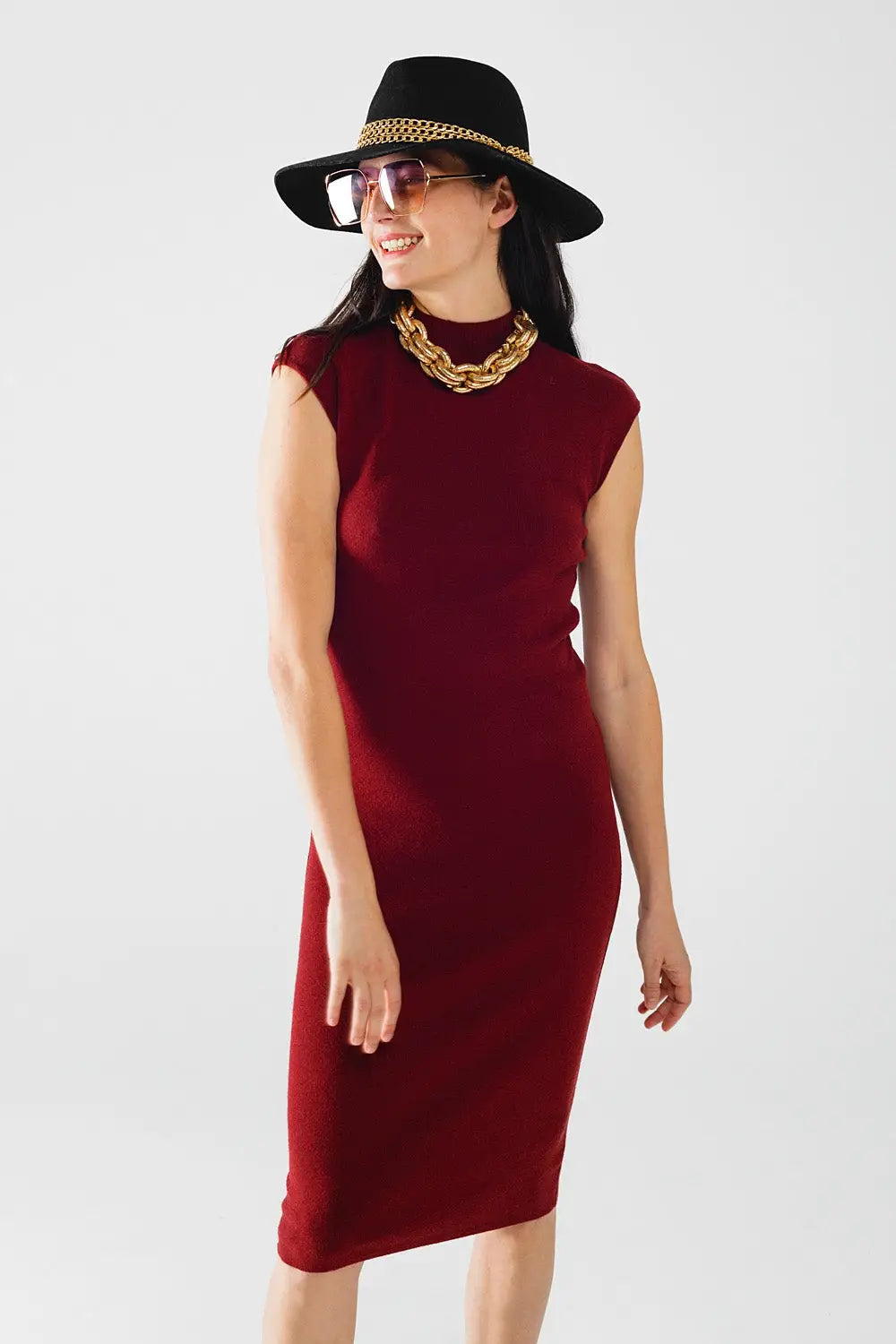burgundy bodycon sleeveless midi dress - Dresses