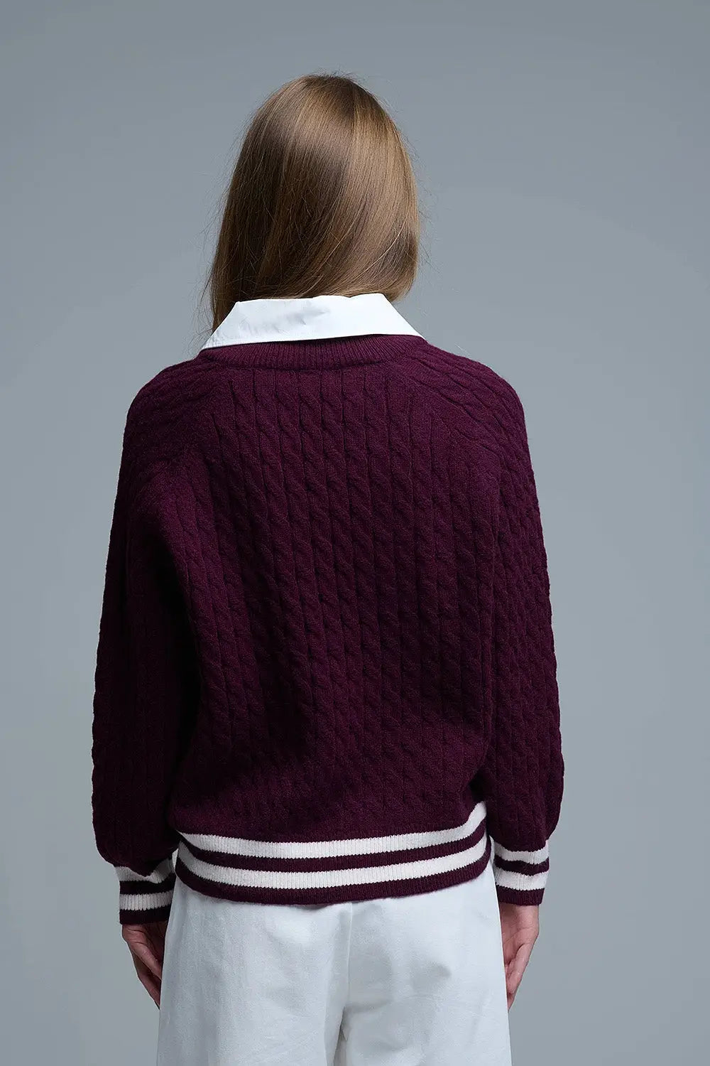 Burgundy Cable Knit V-neck Preppy Sweater - One Size / Red - Sweaters