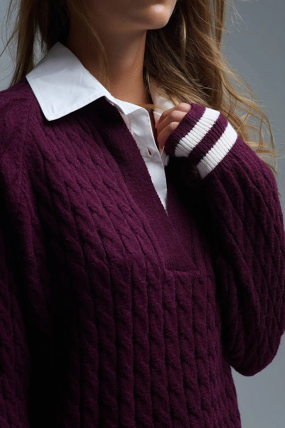 Burgundy Cable Knit V-neck Preppy Sweater - One Size / Red - Sweaters