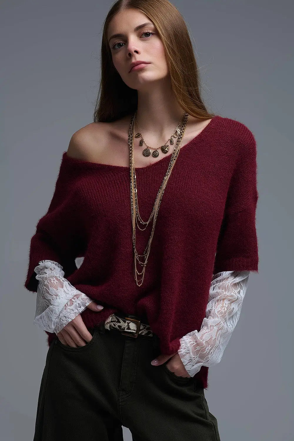 burgundy Contrast V-Neck Sweater with Contrasting White lace Sleeves - One Size / Red - Sweaters