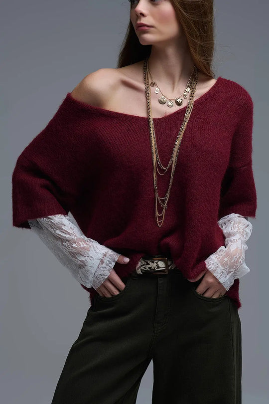 burgundy Contrast V-Neck Sweater with Contrasting White lace Sleeves - One Size / Red - Sweaters