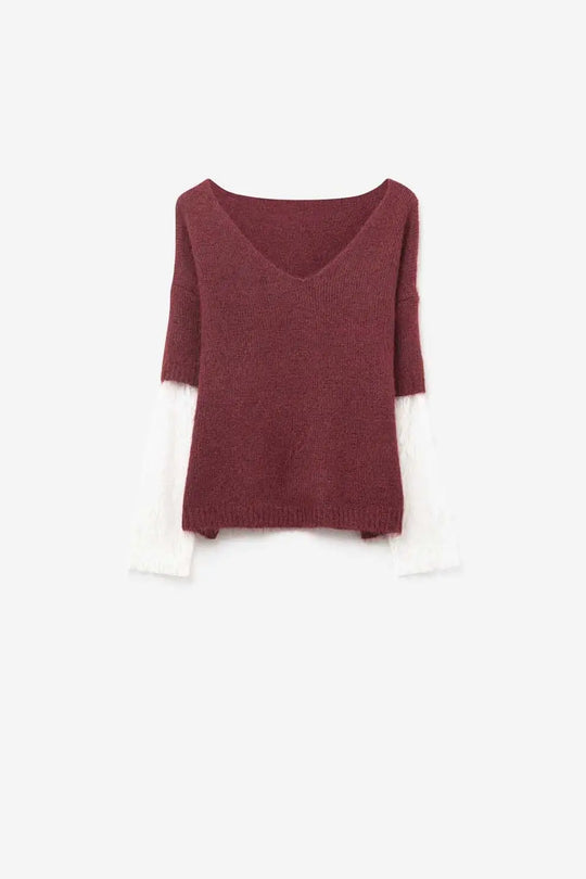 burgundy Contrast V-Neck Sweater with Contrasting White lace Sleeves - One Size / Red - Sweaters