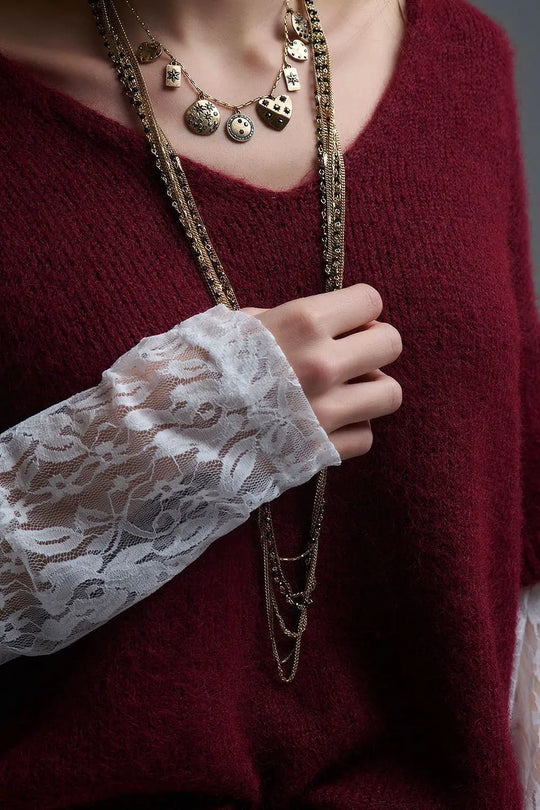 burgundy Contrast V-Neck Sweater with Contrasting White lace Sleeves - One Size / Red - Sweaters