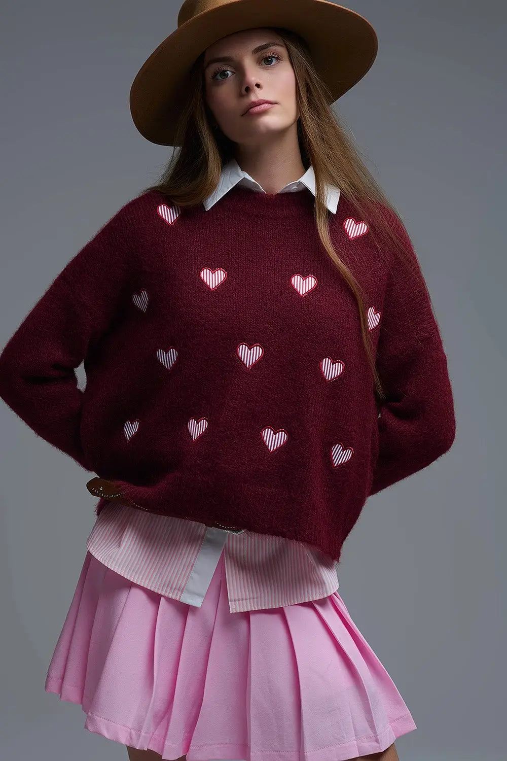 Q2 Burgundy Crew Neck Sweater With Striped Hearts