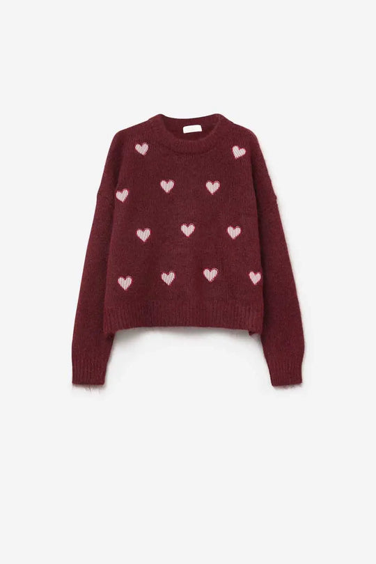 Burgundy Crew Neck Sweater With Striped Hearts - One Size / Red - Sweaters