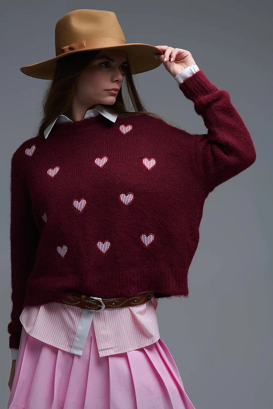 Burgundy Crew Neck Sweater With Striped Hearts - One Size / Red - Sweaters